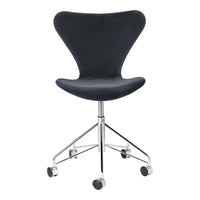 Black curved chair with a sleek chrome base and smooth rolling wheels. Modern design for office or home use.