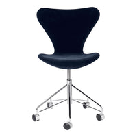 Black velvet office chair with a sleek chrome base and smooth wheels, featuring a modern, minimalist design.