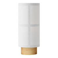 White cylindrical lamp shade with a minimalist grid pattern and a natural wood base.