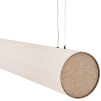 Minimalist beige hanging lamp with textured fabric and natural wood accents. Perfect for modern interior decor.