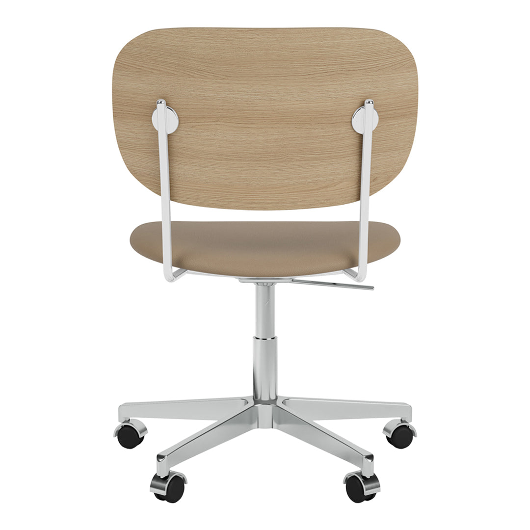 Back view of a sleek office chair featuring light wood and soft beige tones, complemented by a chrome base.