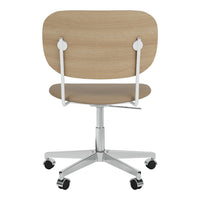 Back view of a sleek office chair featuring light wood and soft beige tones, complemented by a chrome base.