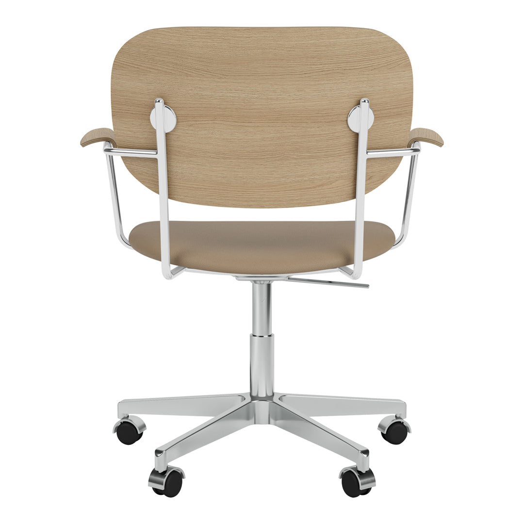 "Modern office chair with a natural wood finish and soft beige upholstery, featuring sleek chrome accents."