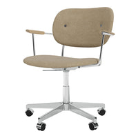 Beige fabric office chair with chrome accents and a sleek, minimalist design. Perfect for modern workspaces.
