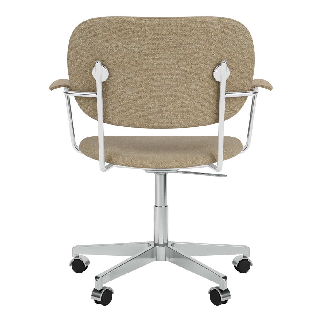 Beige upholstered office chair with a sleek silver frame and rolling wheels, featuring a smooth, minimalist design.