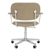 Beige upholstered office chair with a sleek silver frame and rolling wheels, featuring a smooth, minimalist design.