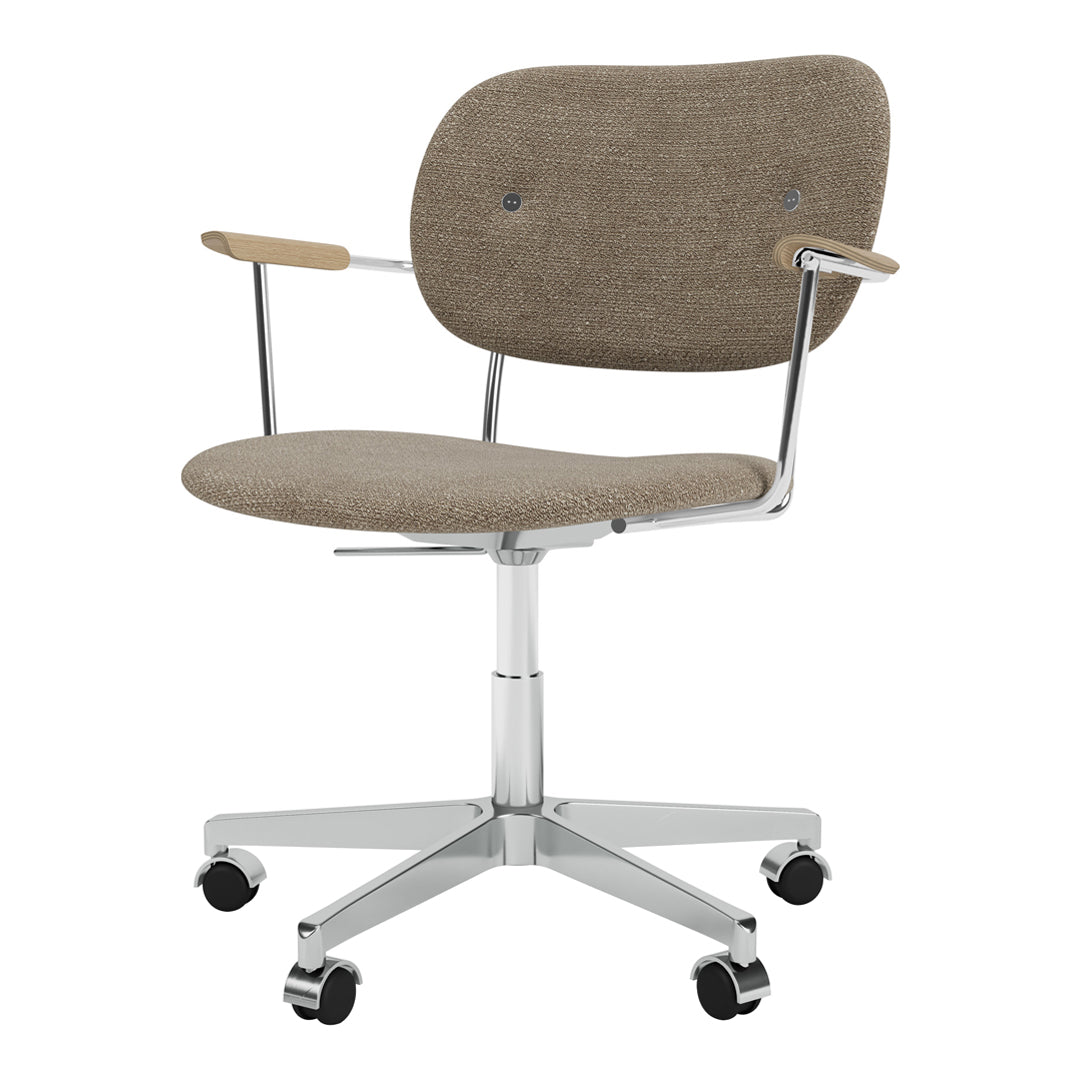 Brown upholstered chair with a textured finish, featuring chrome accents and natural wood armrests.