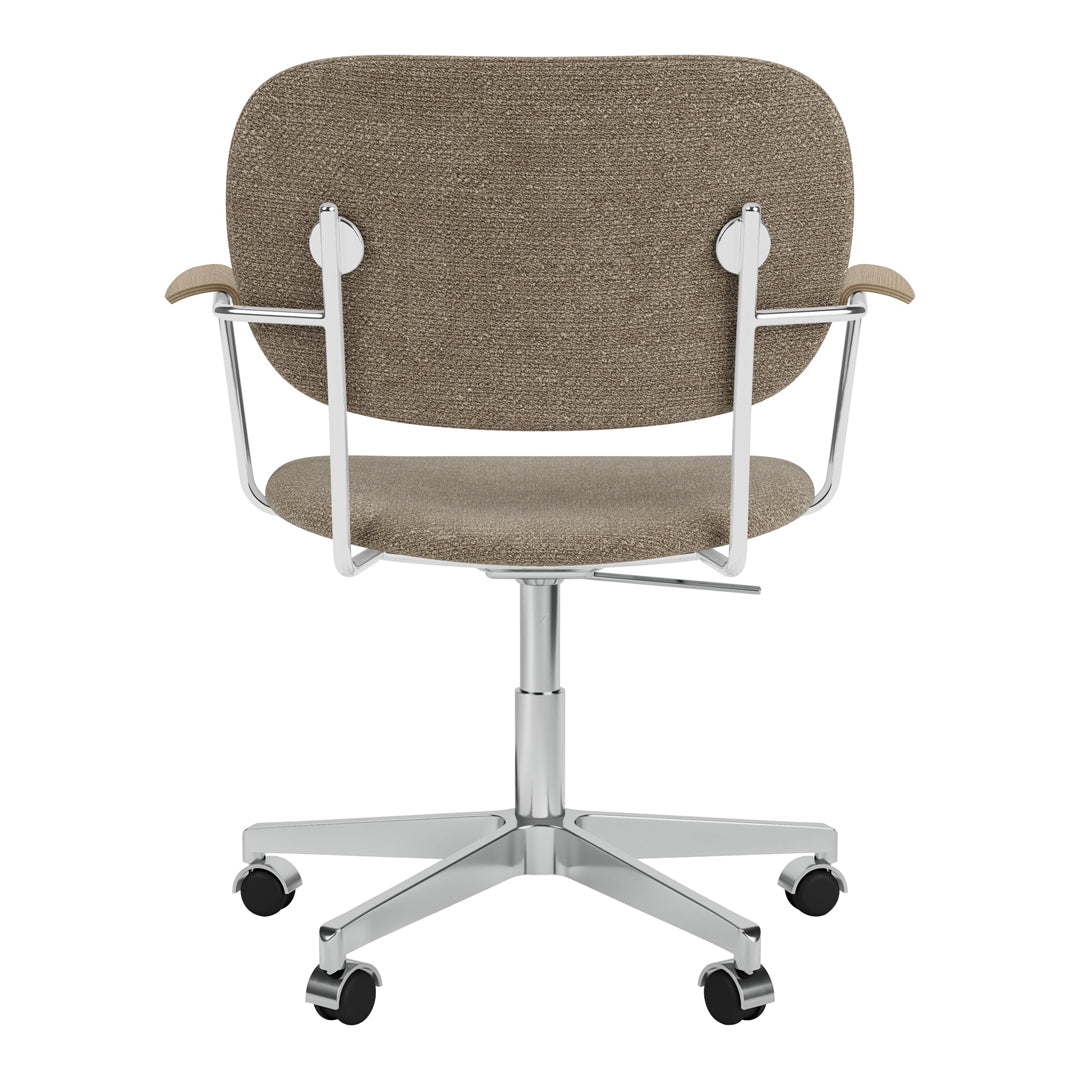 Brown textured fabric office chair with a modern design and silver metal armrests.