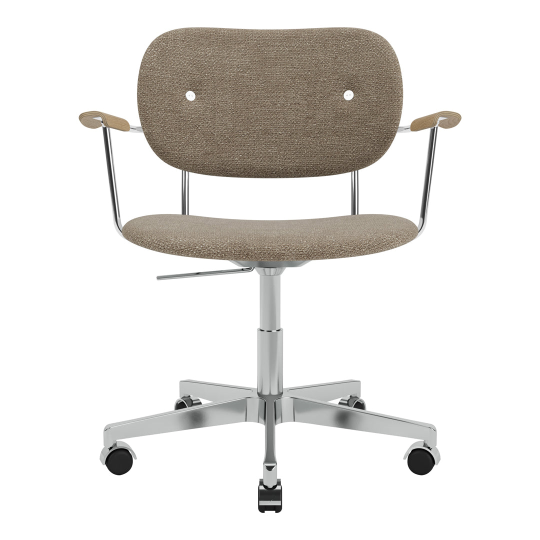 Minimalist grey fabric office chair with a sleek silver chrome base and natural wood accents. Modern design for stylish workplaces.