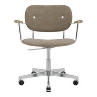 Minimalist grey fabric office chair with a sleek silver chrome base and natural wood accents. Modern design for stylish workplaces.