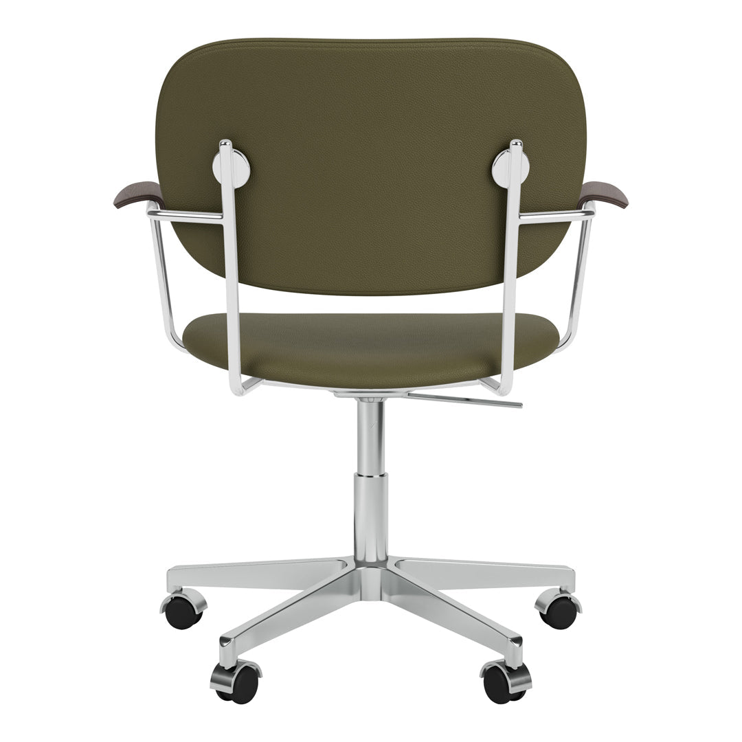 Back view of an office chair featuring an olive green cushion and a sleek white frame. Modern and minimalist design.