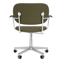 Back view of an office chair featuring an olive green cushion and a sleek white frame. Modern and minimalist design.