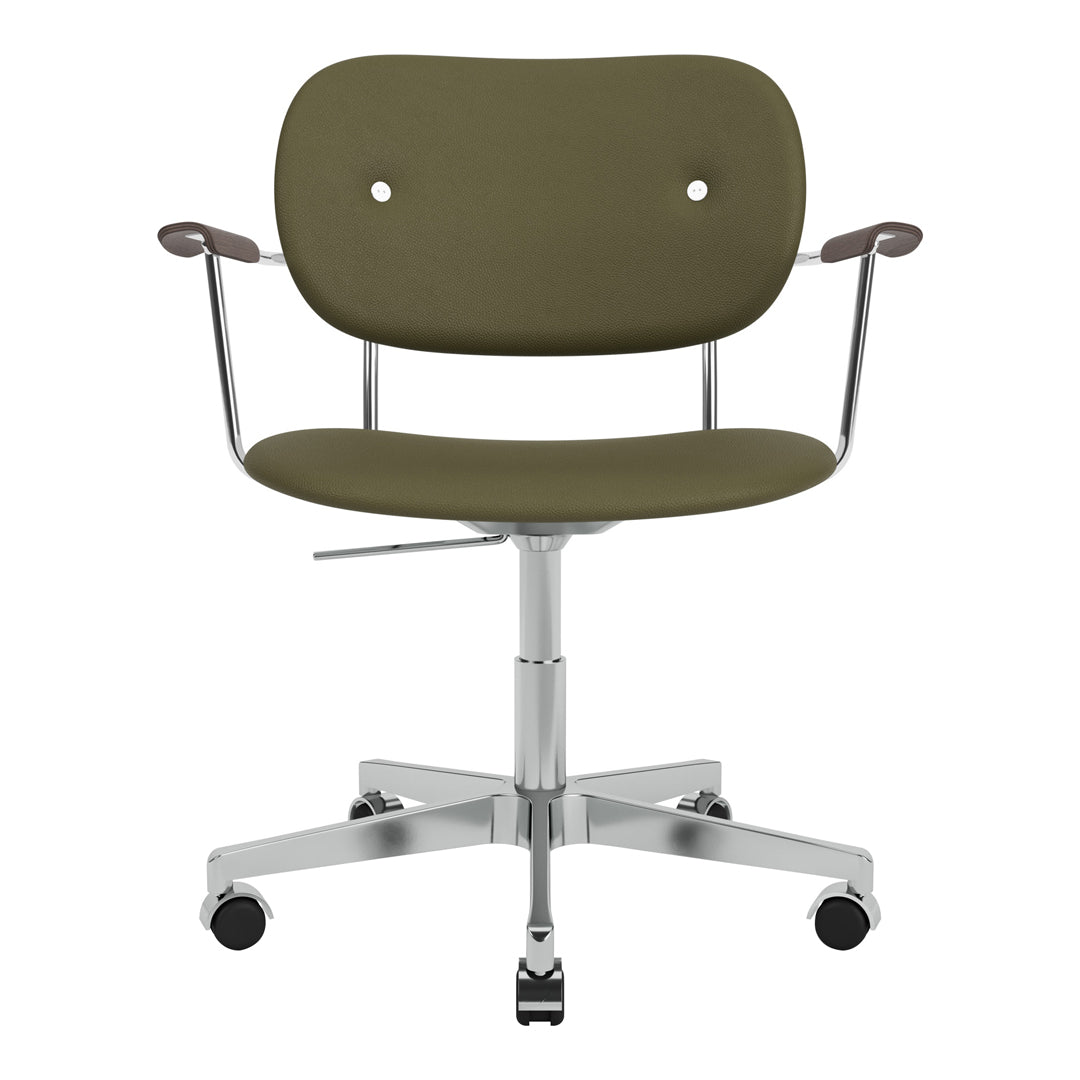 Olive green swivel chair with wood accents and a smooth, modern design against a silver base and caster wheels.