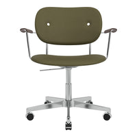 Olive green swivel chair with wood accents and a smooth, modern design against a silver base and caster wheels.