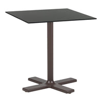 Black square table top with a sleek brown metal base, featuring a minimalist design suitable for any decor.