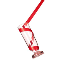 Clear glass champagne flute wrapped in bold red satin ribbon, featuring a festive swirl pattern. Perfect for celebrations.