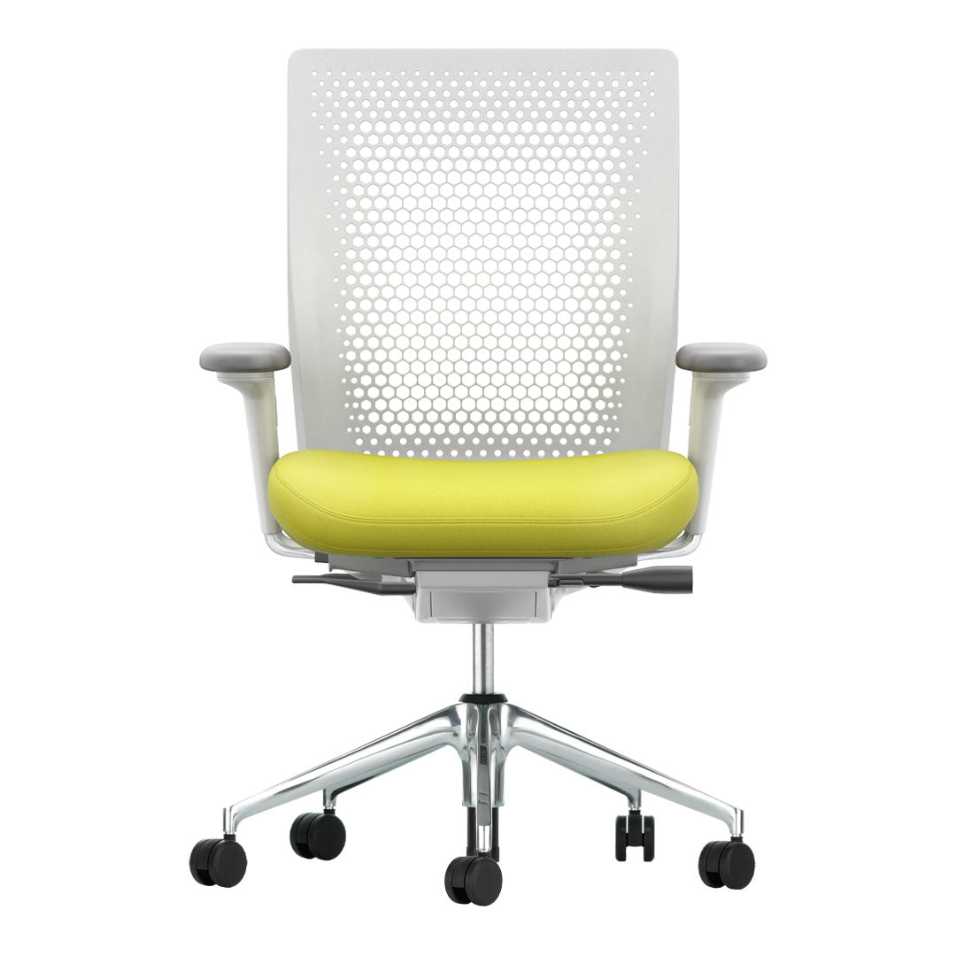 White mesh office chair with a vibrant yellow seat cushion and a sleek chrome base; modern, breathable design.