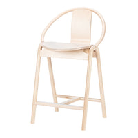 Minimalist light wood bar stool with curved backrest and simple design, showcasing natural wood grains and smooth finish.