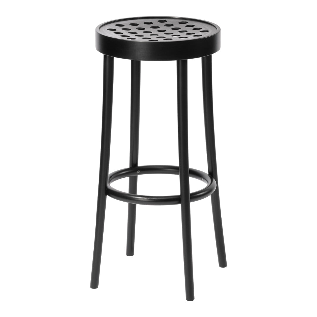 Black bar stool with a round, perforated seat and slender legs, featuring a sleek and modern design.