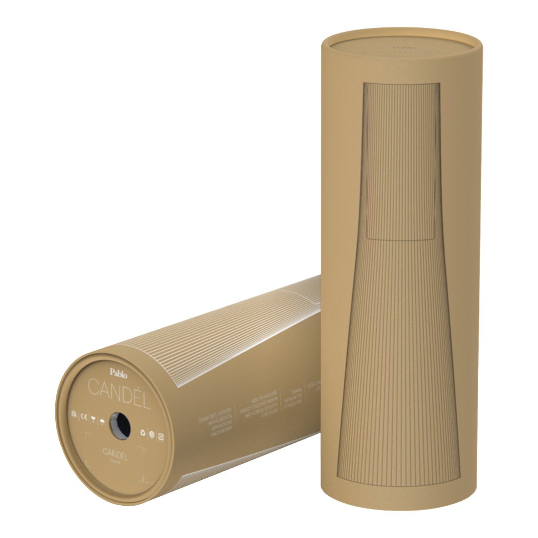 Tan cylindrical product with subtle vertical grooves and a smooth matte finish. Modern design aesthetic.