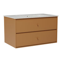 Brown two-drawer dresser with a speckled gray countertop, perfect for modern home decor.