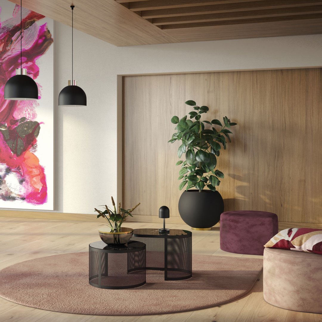 Modern interior featuring a purple rug, black furniture, and vibrant pink abstract art against a wood-paneled wall.