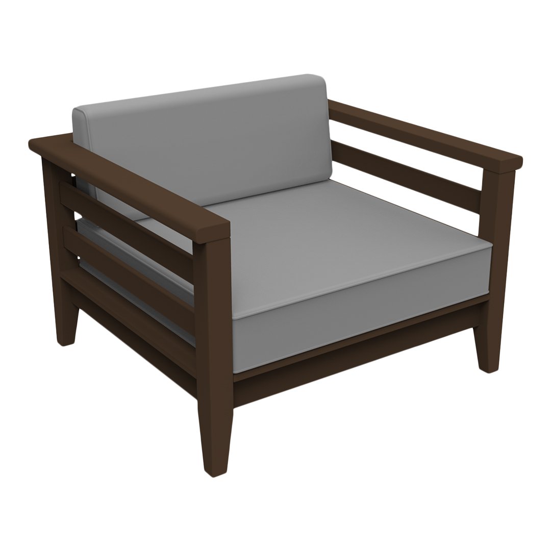 Gray seat cushion with brown wooden frame, featuring a minimalist design and clean lines. Perfect for stylish interiors.