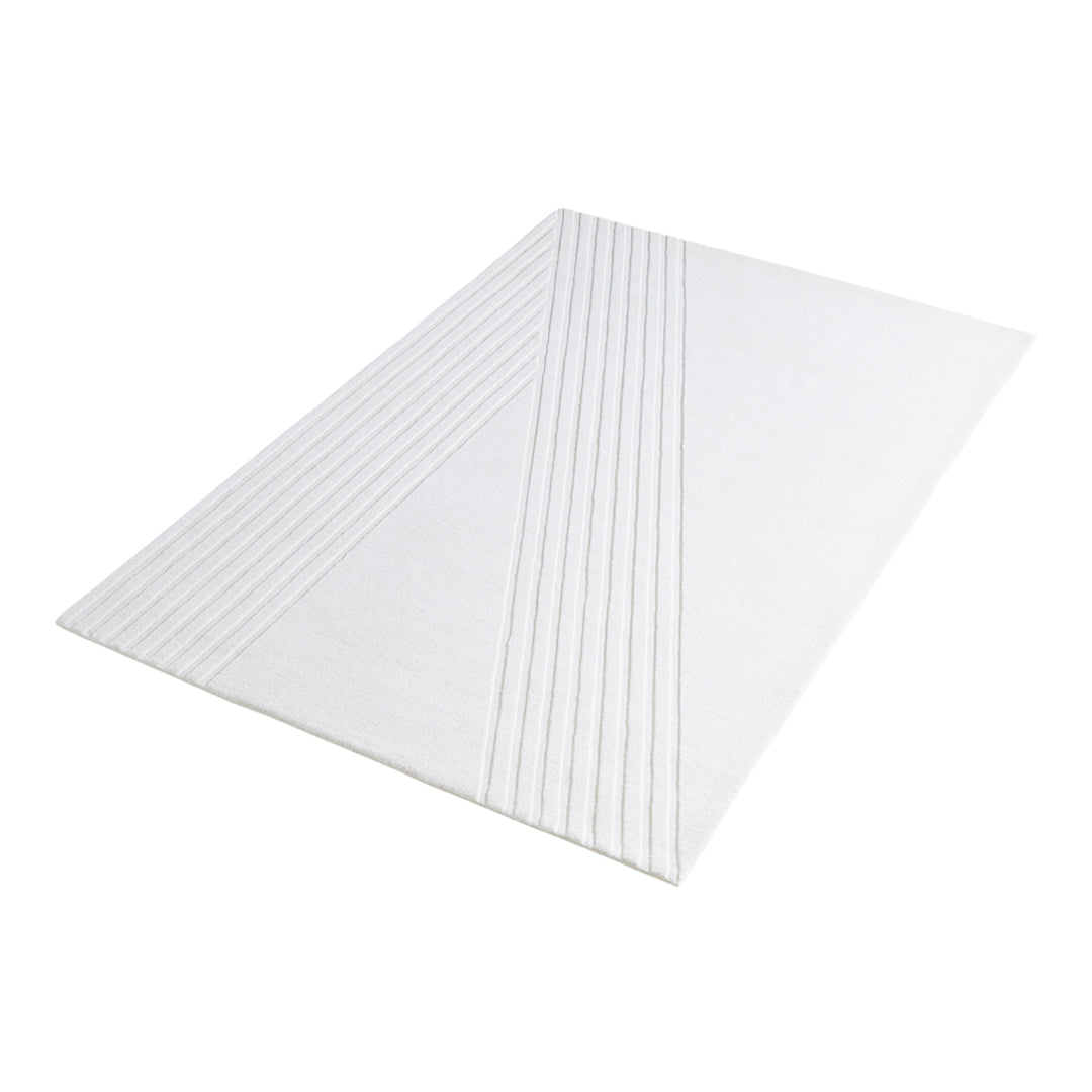 White rug with subtle diagonal stripes pattern, featuring a textured surface for added visual interest.
