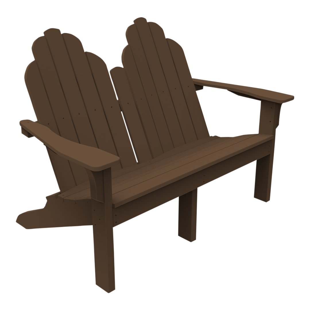 Brown wooden Adirondack bench with scalloped backrest and slatted design. Suitable for outdoor seating.