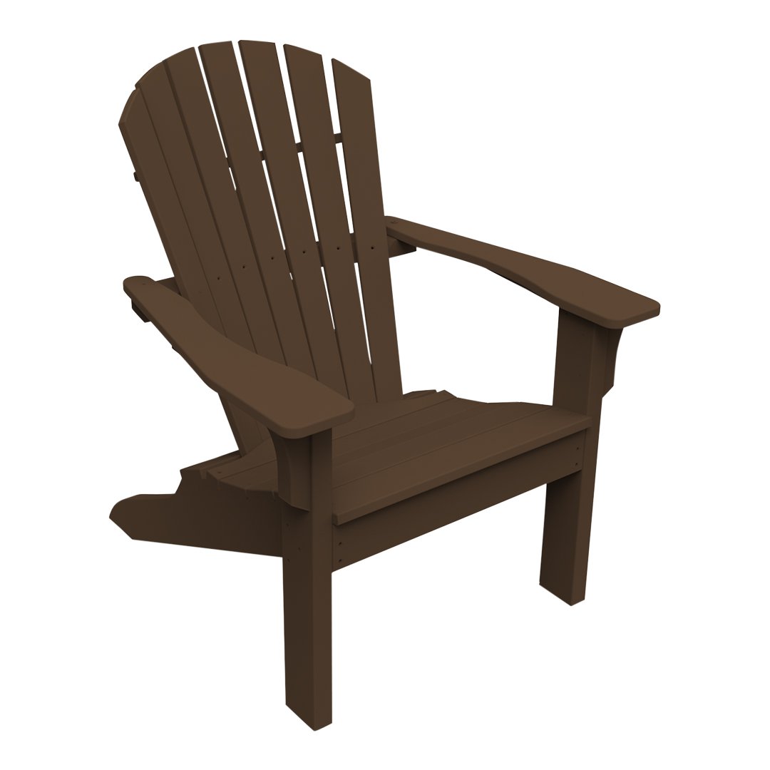 Brown wooden Adirondack chair with a slatted back design, perfect for outdoor spaces.