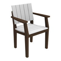 Wooden chair in dark brown with a slatted white back and seat. Perfect for a modern outdoor aesthetic.