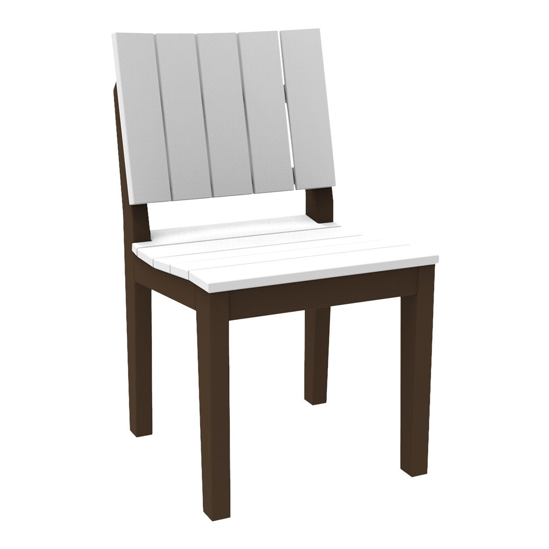 White slatted seat and backrest with a brown wooden frame, perfect for modern outdoor dining decor.
