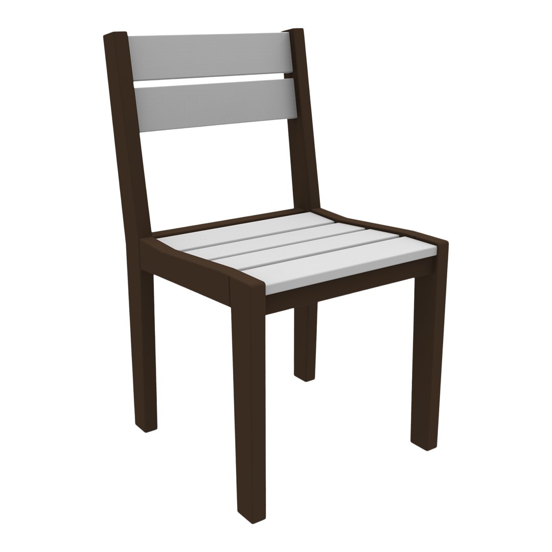 Brown wooden chair with gray slatted seat and backrest, featuring a contemporary design and clean lines.