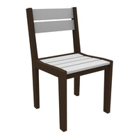 Brown wooden chair with gray slatted seat and backrest, featuring a contemporary design and clean lines.