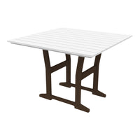 Square patio table with a white slatted top and sturdy brown legs in a modern, minimalist design.