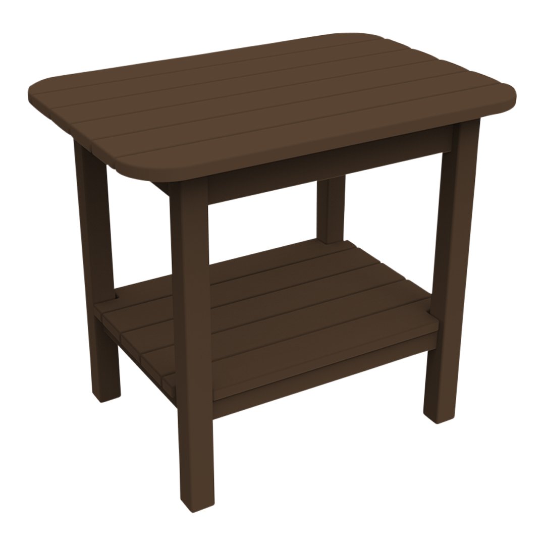 Brown rectangular side table with slatted surface and lower shelf, features a smooth finish and minimalist design.