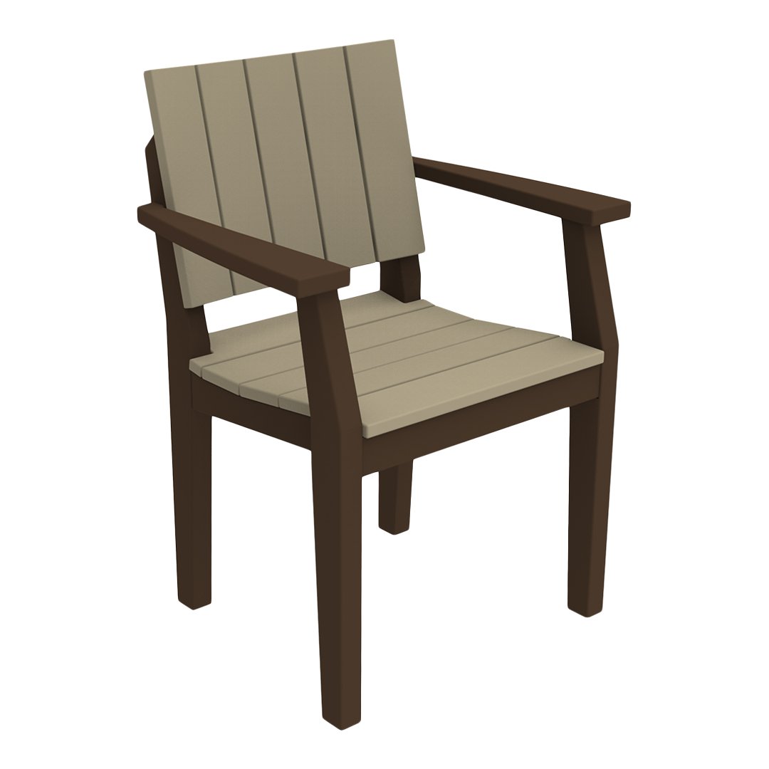 Brown wooden chair with a slatted beige seat and backrest, perfect for outdoor or patio use.