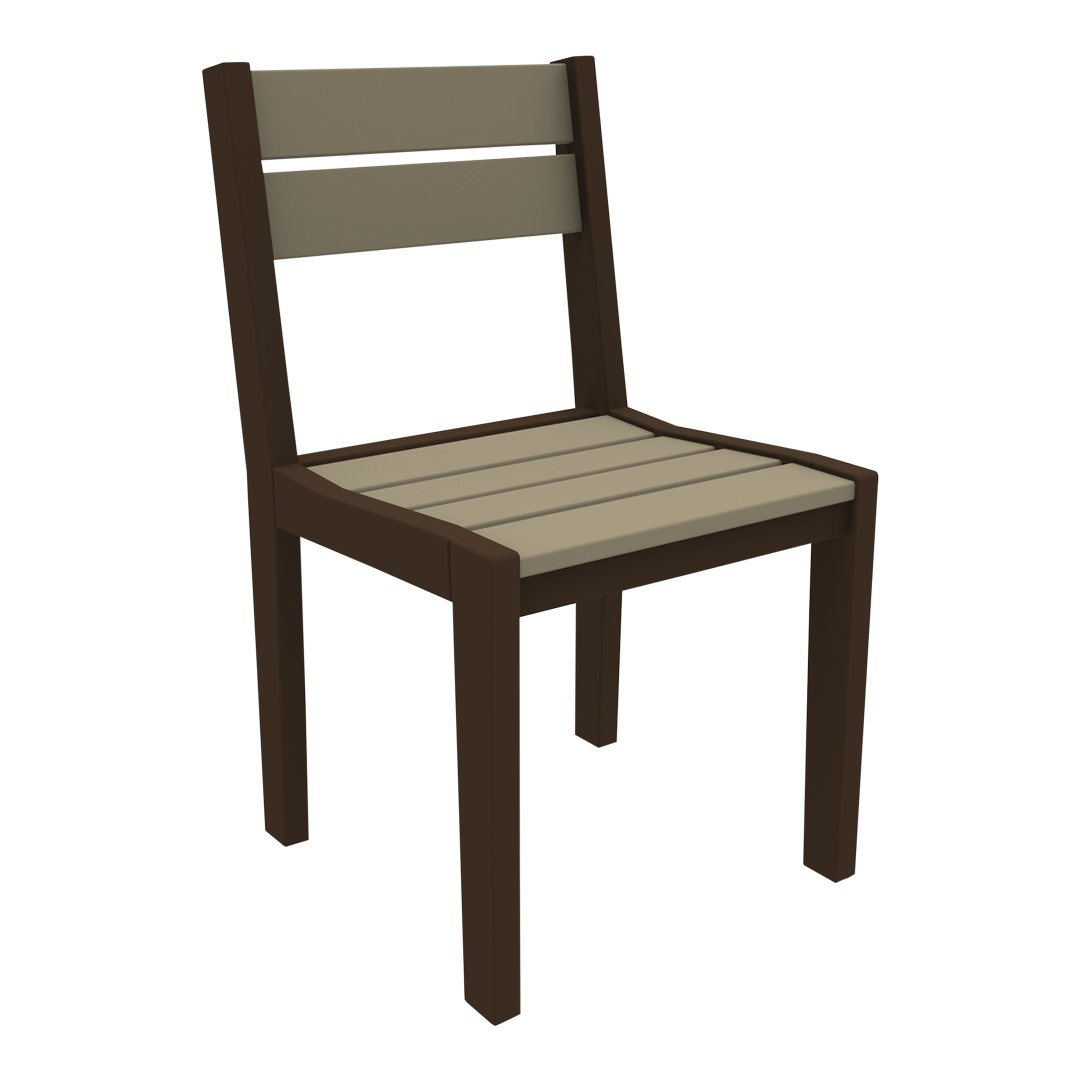 Brown wooden chair with gray slats and a minimalist design, perfect for indoor or outdoor use.