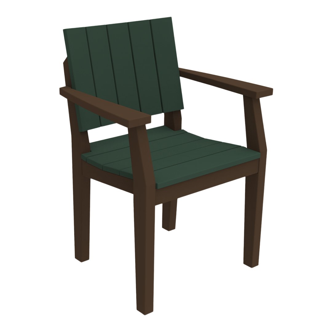 Dark green slatted seat and backrest with a rich brown frame, perfect for outdoor seating.