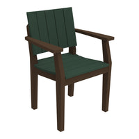 Dark green slatted seat and backrest with a rich brown frame, perfect for outdoor seating.