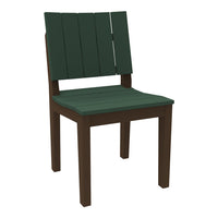 Green slatted chair with a dark brown frame, perfect for outdoor seating. Stylish and durable design.