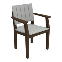 Gray slatted seat and backrest with dark brown armrests and legs, offering a modern and stylish outdoor chair design.