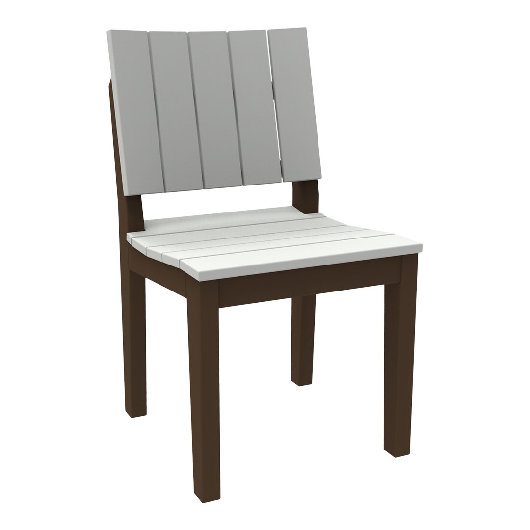 Gray slatted back chair with a white seat and dark brown legs, perfect for modern outdoor decor.