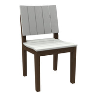 Gray slatted back chair with a white seat and dark brown legs, perfect for modern outdoor decor.