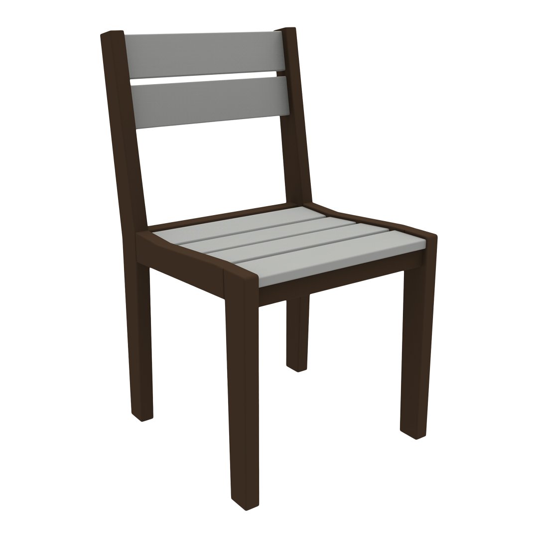 Brown wooden chair with a sleek design, featuring a gray slatted seat and backrest. Classic and contemporary color combination.