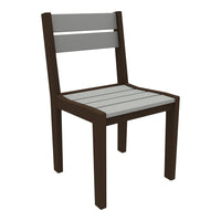 Brown wooden chair with a sleek design, featuring a gray slatted seat and backrest. Classic and contemporary color combination.