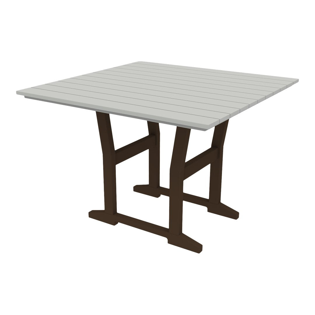 Square outdoor table with a sleek white slatted top and a sturdy brown frame, perfect for modern patios.