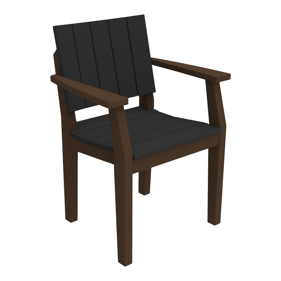Black slatted chair with dark brown wooden frame, perfect for modern outdoor or indoor settings.