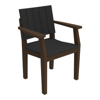 Black slatted chair with dark brown wooden frame, perfect for modern outdoor or indoor settings.