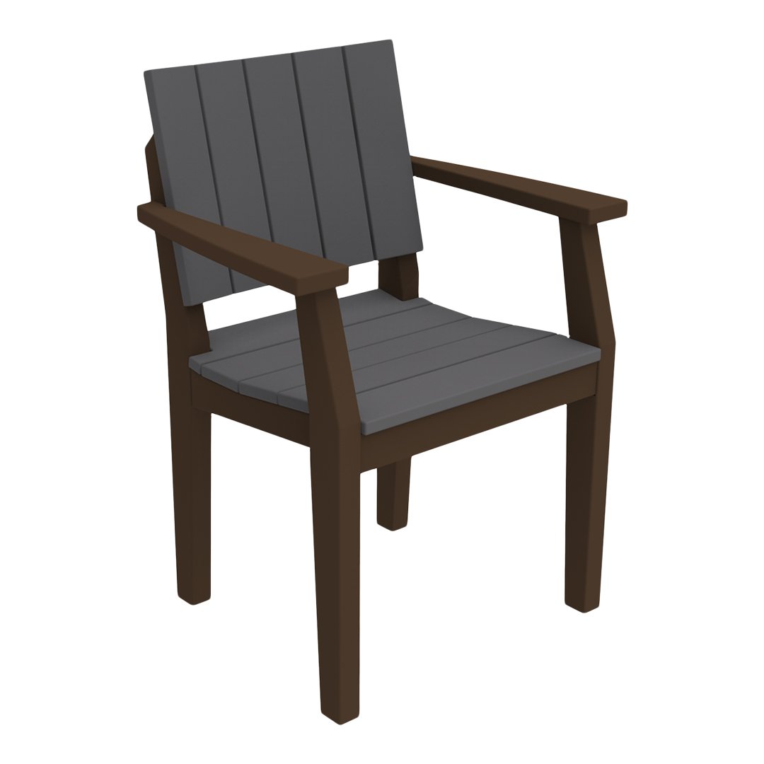 Gray slatted seat and back with dark brown wooden armrests and legs, perfect for outdoor seating.